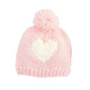 Mud Pie Girls Pink Knit Winter Pompom Hat With White Heart 6-18 mos.
